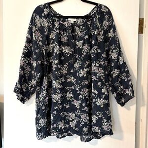 J Jill Blouse Gossamer Top Women’s Plus Size‎ 2X Navy Blue Floral Cottagecore